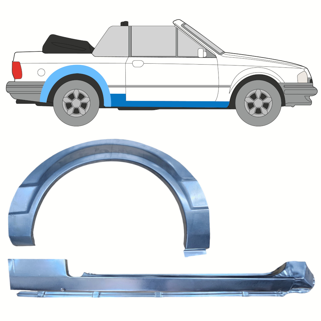 Opravný plech prahu + zadního blatníku na Ford Escort 1981-1990  CABRIO / Pravá / Sada 12586