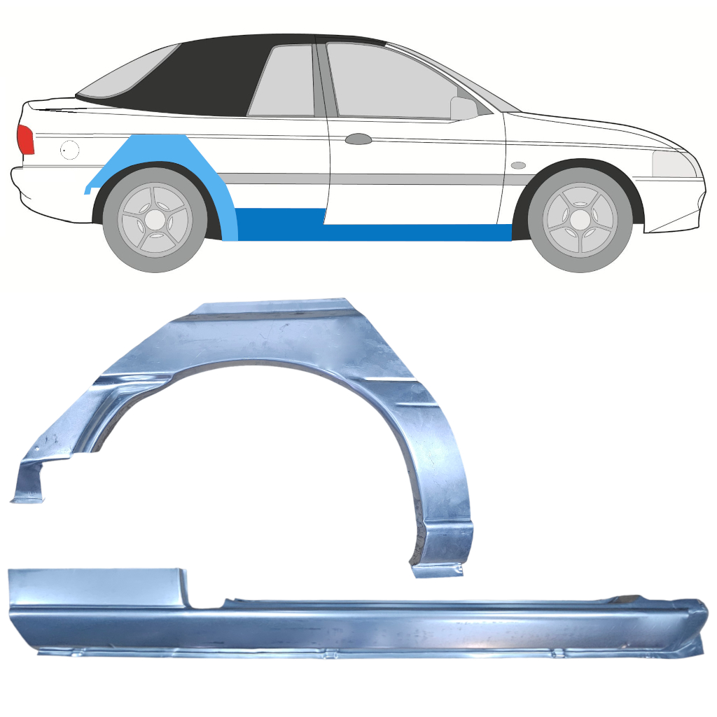 Opravný plech prahu + zadního blatníku na Ford Escort 1990-2000  CABRIO / Pravá / Sada 12589