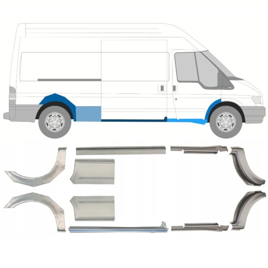 Opravný plech prahu + zadního blatníku na Ford Transit 2000-2013 / LWB / Levá+Pravá / Sada 10630