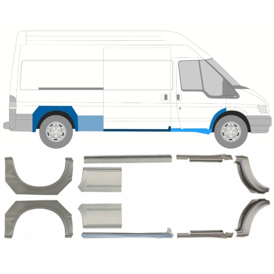 Opravný plech prahu + zadního blatníku na Ford Transit 2000-2013 / LWB / Levá+Pravá / Sada 10640